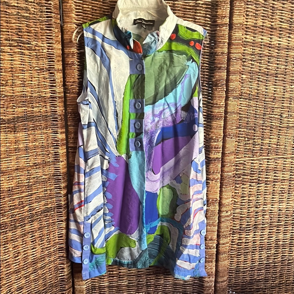 Claire Desjardines Colorful Sleeveless Button-Up Overlay
